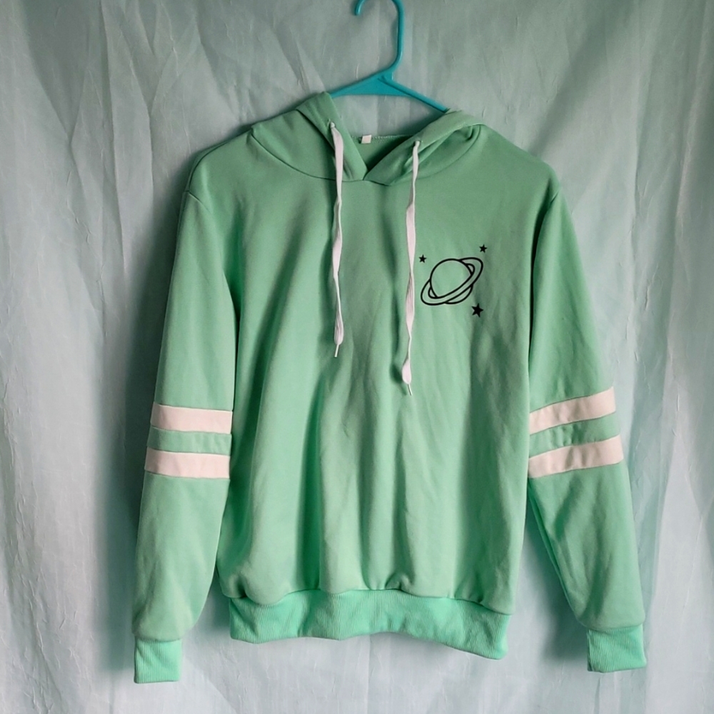 Planet print varsity striped drawstring hoodie
